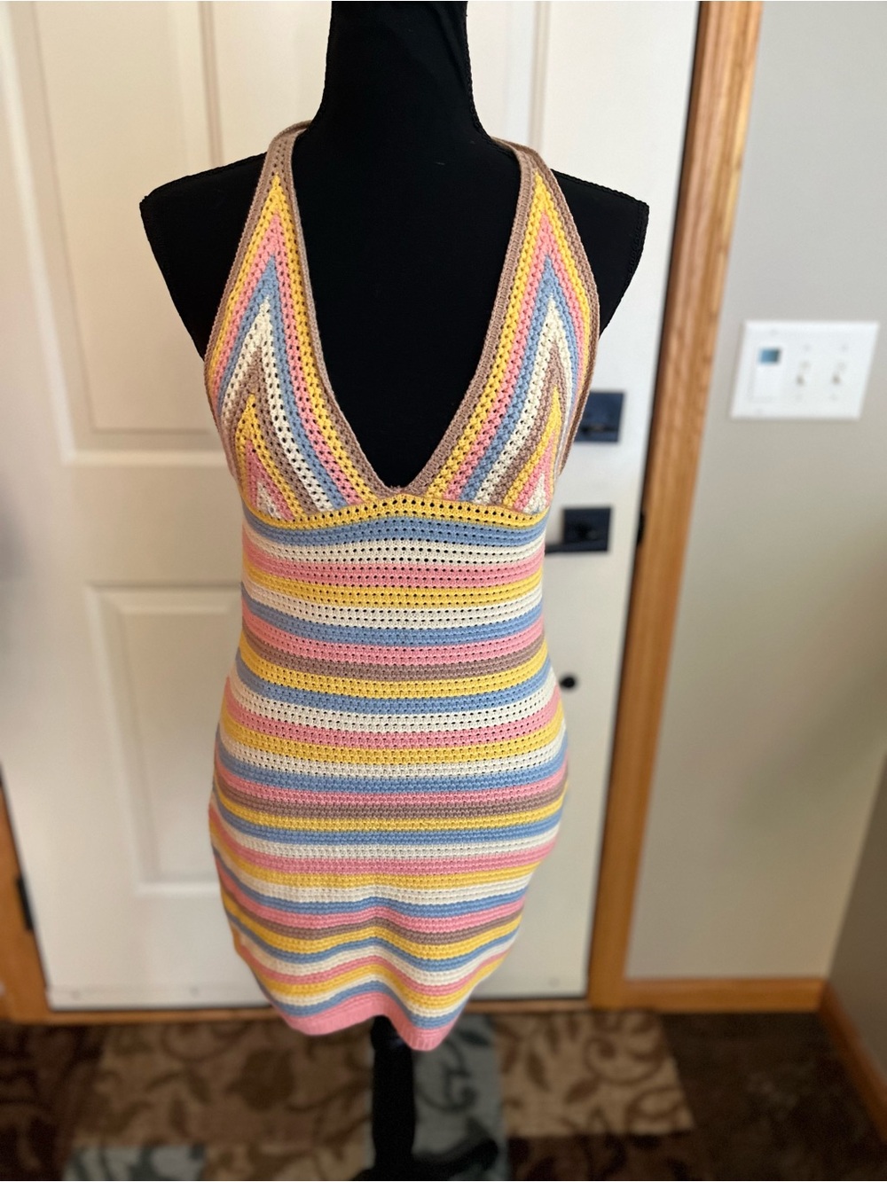 New Boho crochet deep v neck stripe cotton blend swim cover mini dress. large